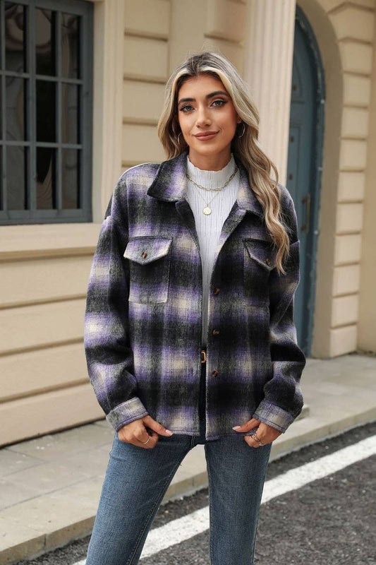 CWOCO0874_LONG SLEEVE LOOSE STRIPED PLAID CARDIGAN COAT