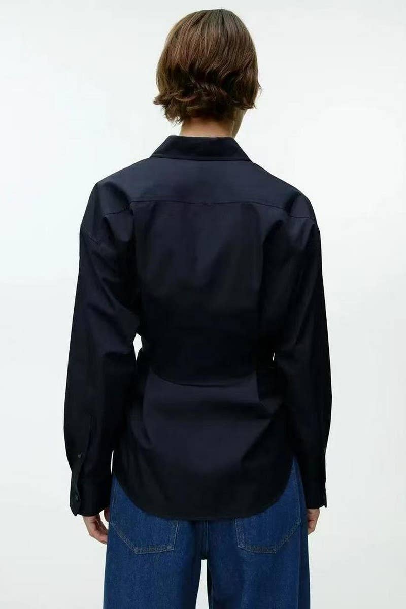 CWTSTL2880_SLIM FIT LONG SLEEVE SOLID WAIST-DETAIL SHIRT