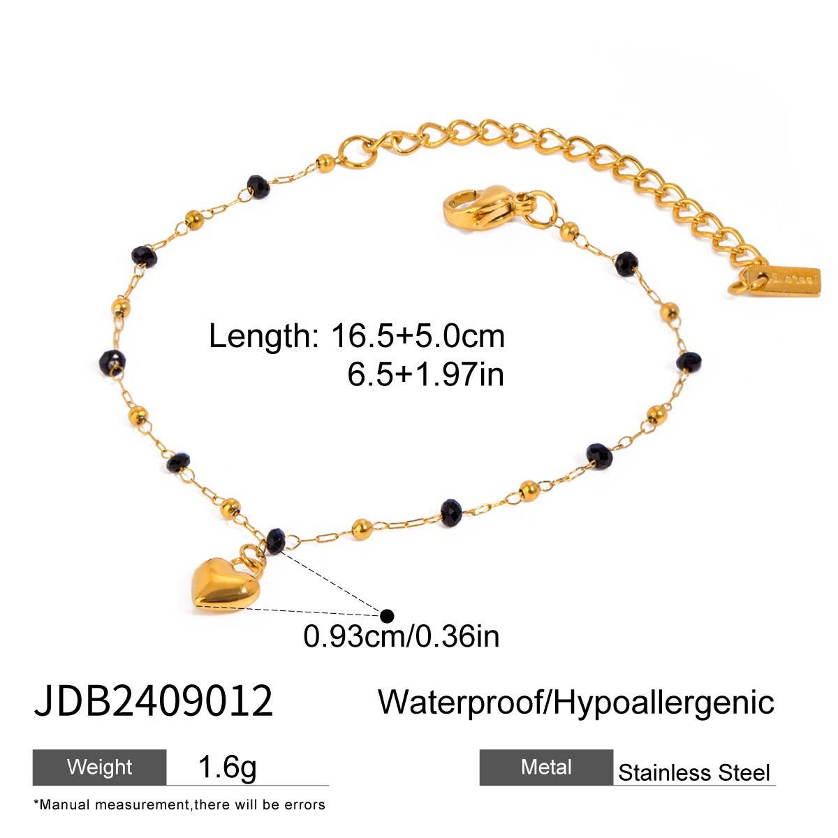 Trendy Black Crystal Heart Bracelet,18K Gold Steel