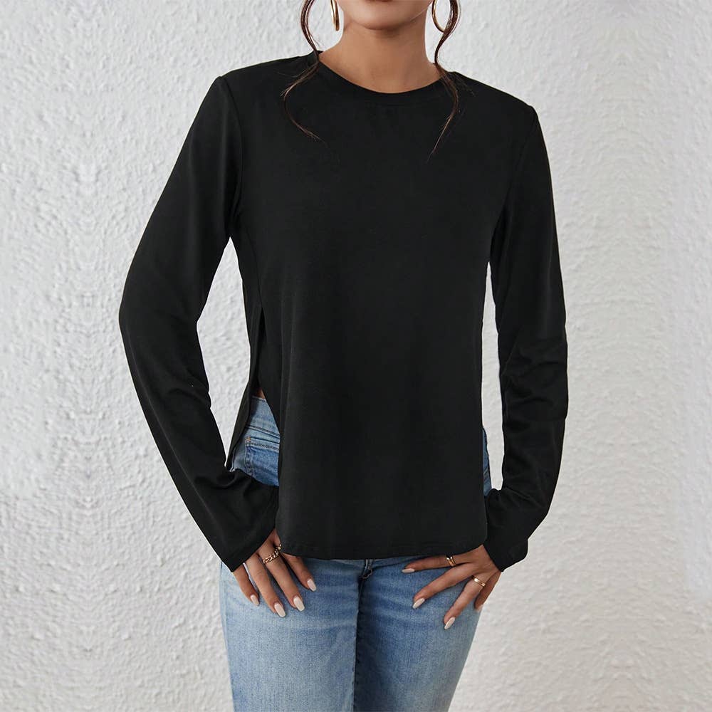 CASUAL ROUND NECK OPEN LONG-SLEEVED T-SHIRT TOP