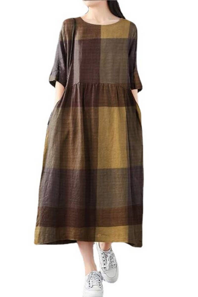 CWDMD3275_MUSLIM LOOSE PLAID PULLOVER DRESS