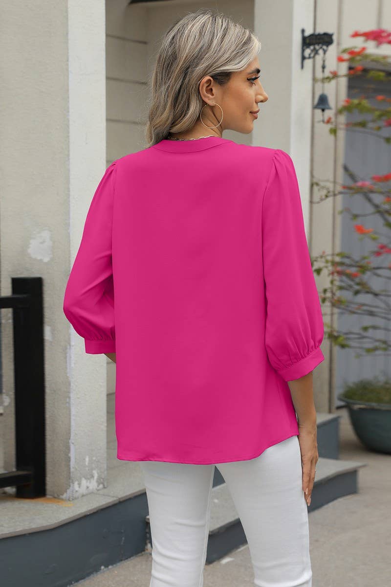 CWTBLL3673_KEYHOLE V NECK 3/4 SLEEVE LOOSE CHIFFON TOP