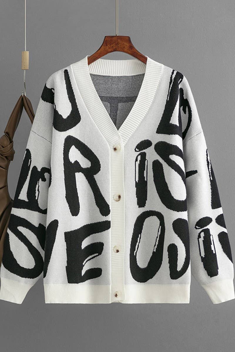 CWOCAL00668_LETTER JACQUARD SINGLE BUTTON KNIT CARDIGAN