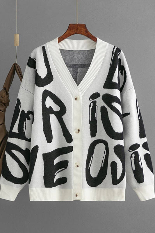 CWOCAL00668_LETTER JACQUARD SINGLE BUTTON KNIT CARDIGAN