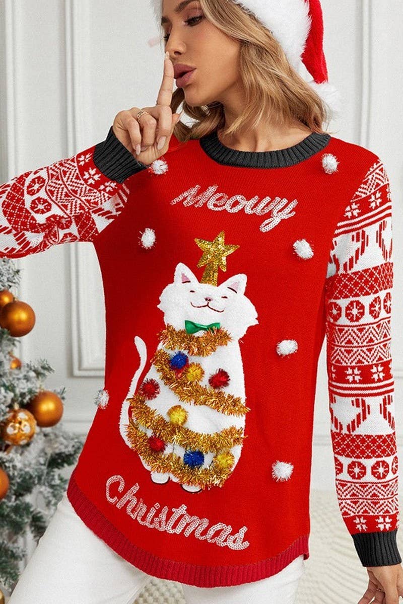 CWOSWL2484_JACQUARD EMBROIDERY PULLOVER CHRISTMAS SWEATER