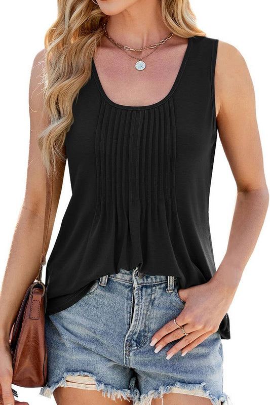 CWTTK1182_SOLID VERTICAL PLEATED CREW NECK LOOSE TANK TOP