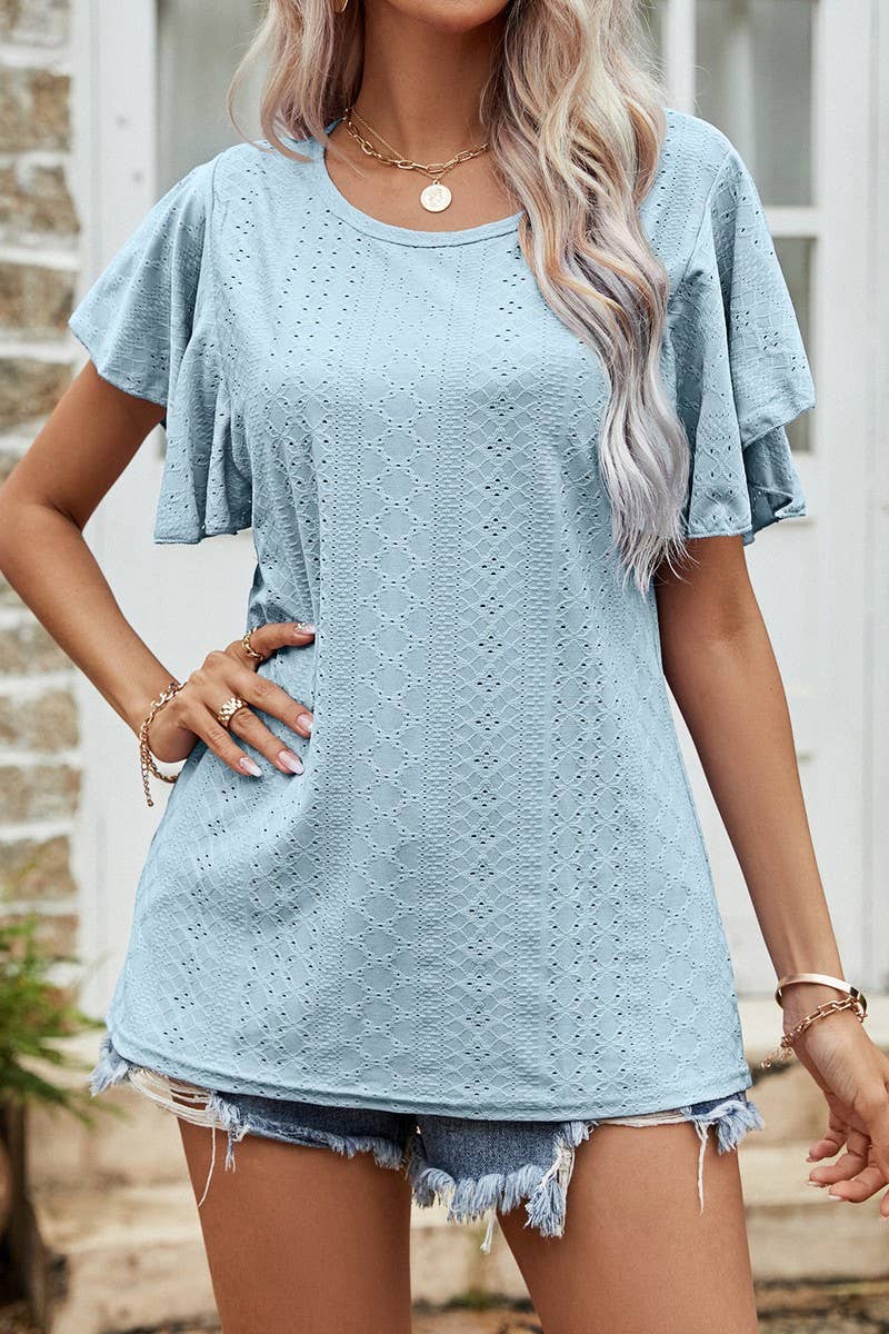 CWTBLS0359_Round neck Ruffle Sleeve Blouse