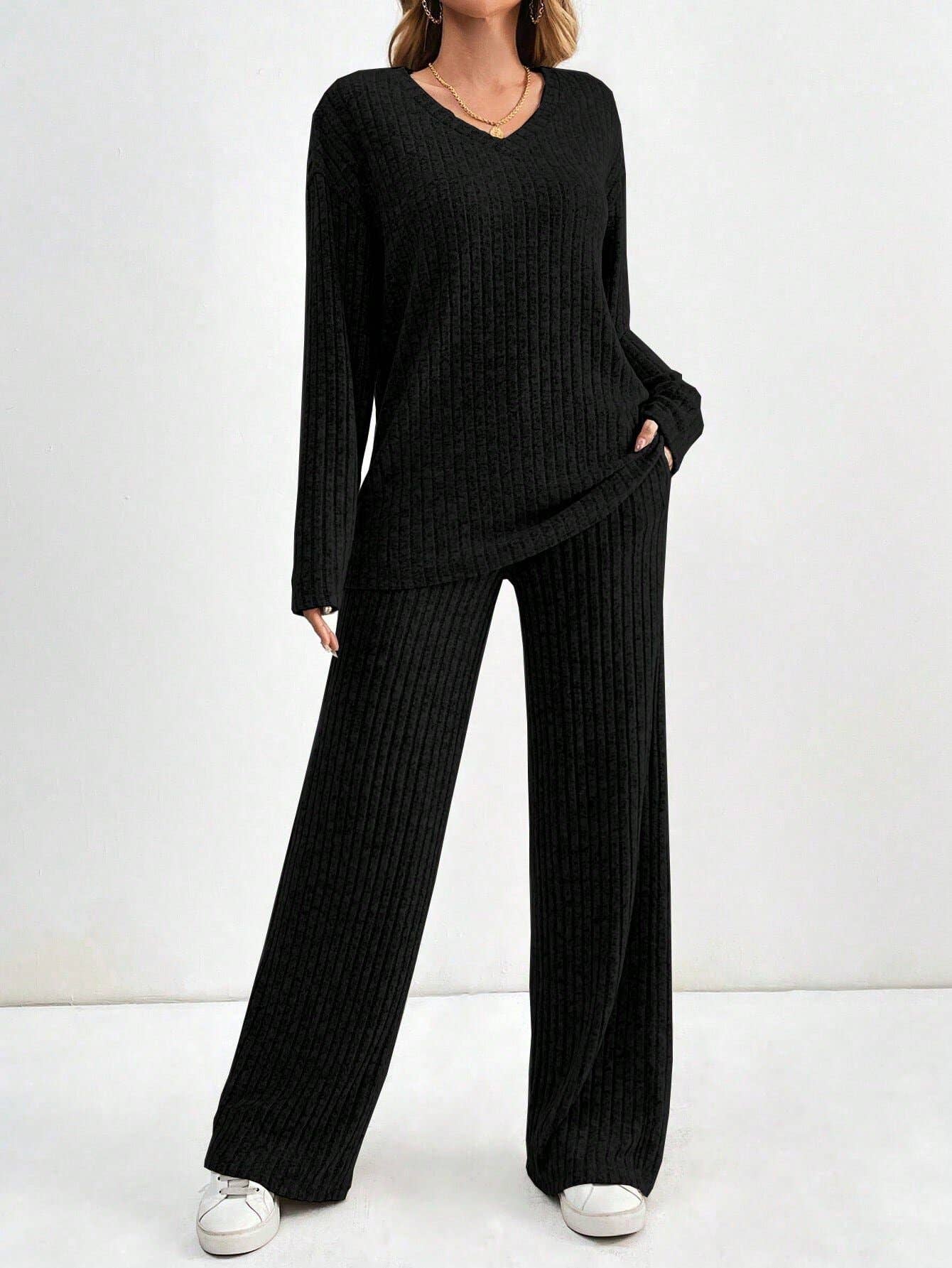Casual straight-leg pants V-neck striped suit