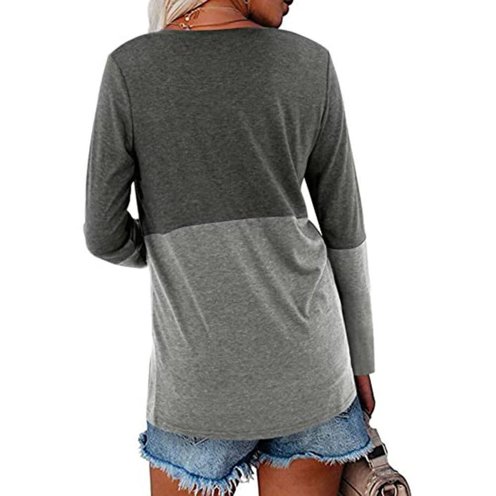 Color contrast patchwork V-neck long sleeve Tshirt