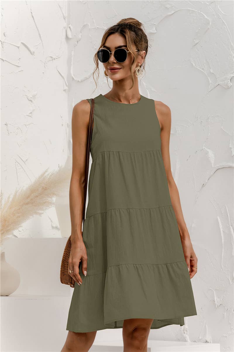 CWDTD0408_ROUND NECK SLEEVELESS PATCHWORK LOOSE SWING DRESS