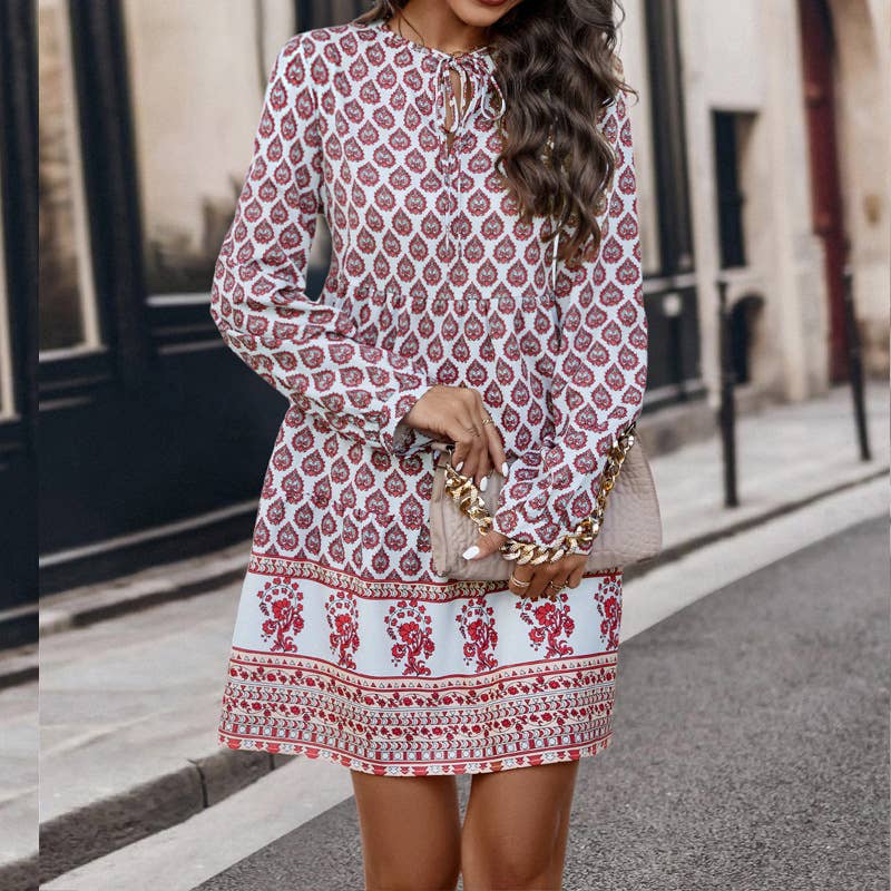 Bohemian-style loose lace-up prints dress