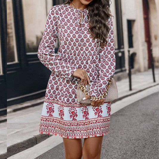 Bohemian-style loose lace-up prints dress