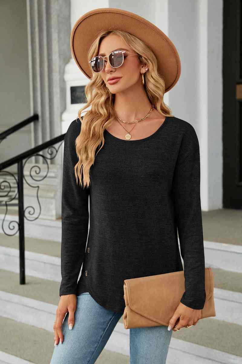 CWTBLL2839_BIG CREW-NECK LONG SLEEVE SPLIT BUTTON TOP