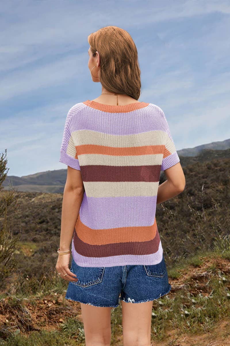 CWTTS1081_RAINBOW STRIPED CREW NECK SHORT SLEEVE KNIT TOP