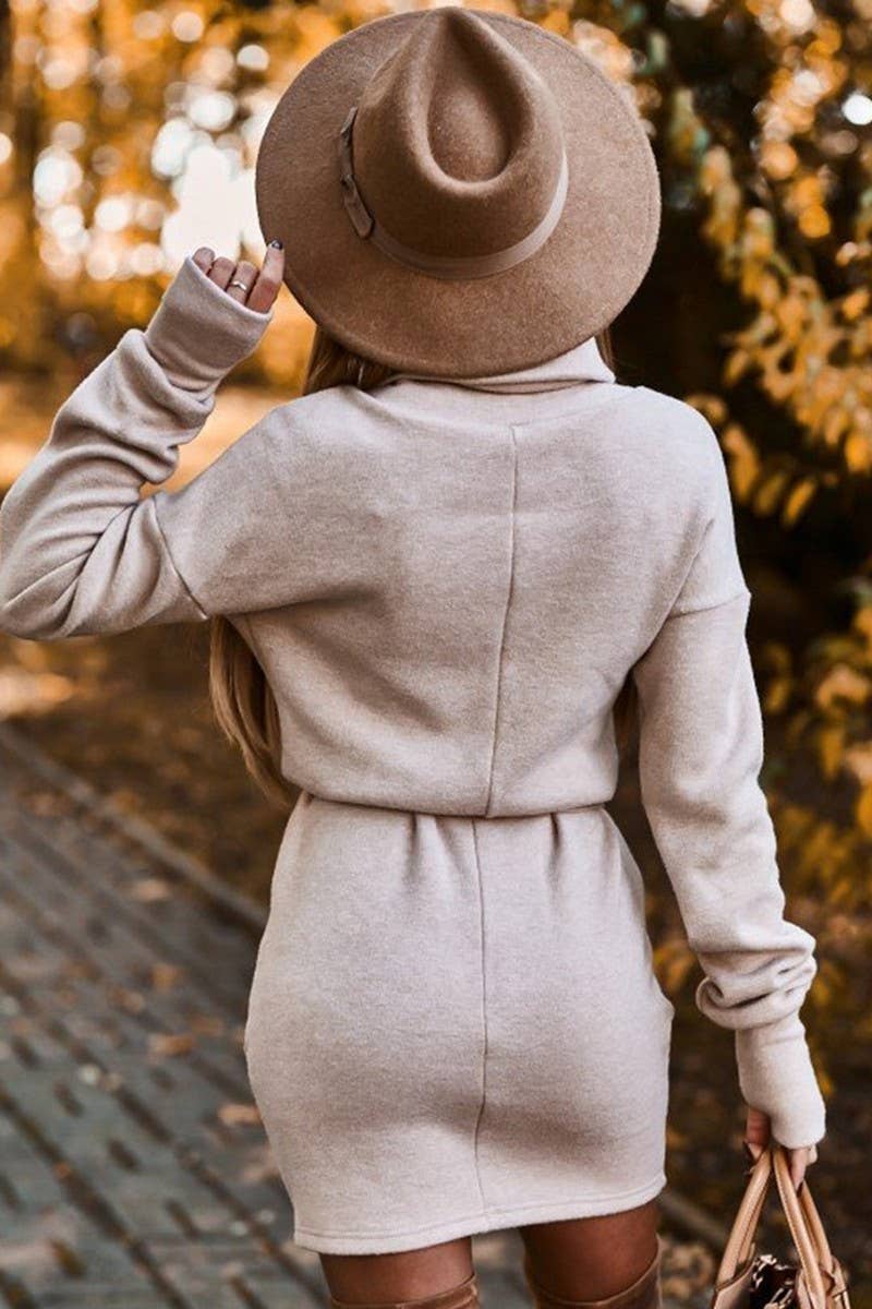 CWDSD10863_SOLID COLOR HIGH COLLAR WAIST KNITTED DRESS