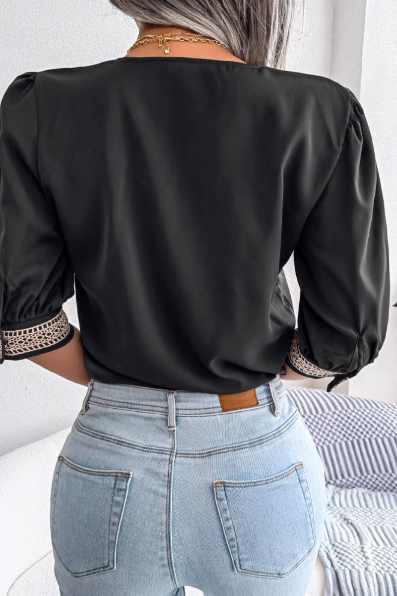 CWTBLS1064_SUMMER LACE V-NECK MID-SLEEVED CHIFFON TOP