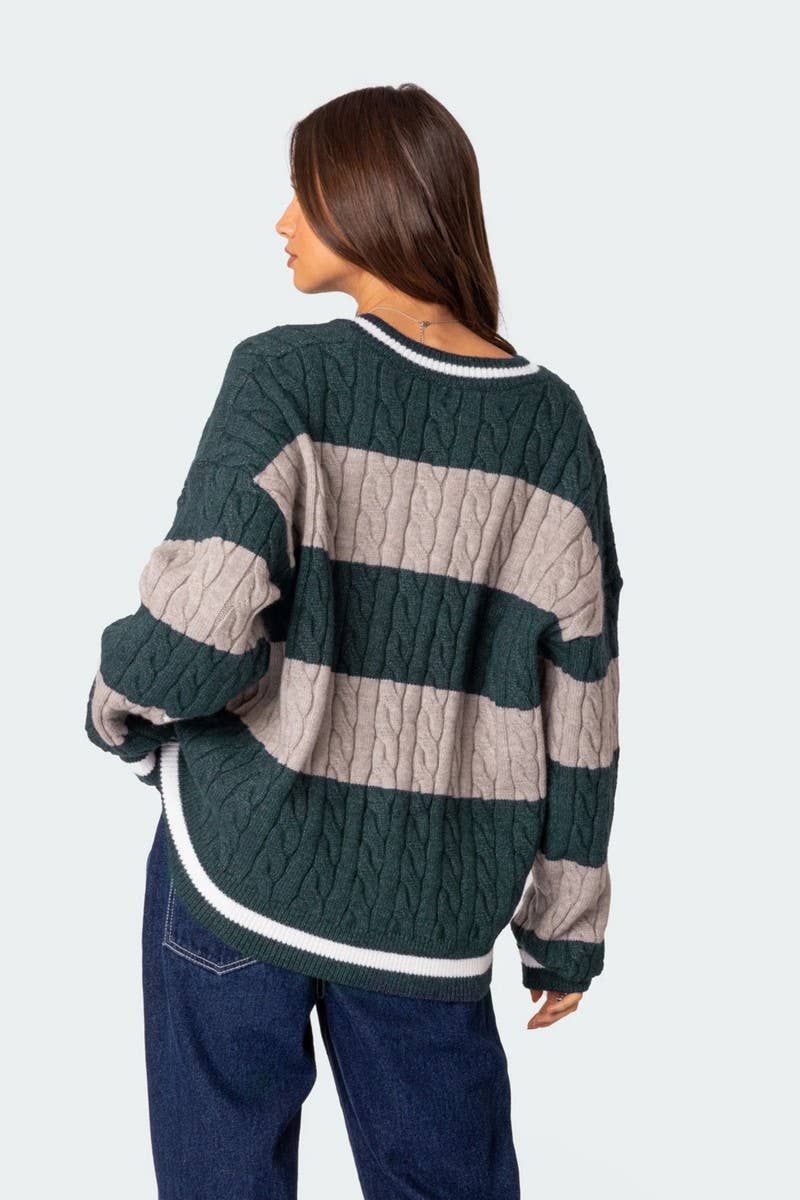 CWOSWL6749_V-NECK STRIPED CONTRAST LOOSE KNIT SWEATER