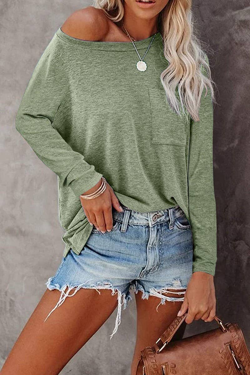 CWTBLL3692_ROUND NECK LONG SLEEVE CASUAL LOOSE BOTTOMING TOP