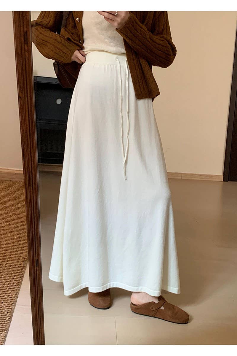 CWBLS0300_SOLID COLOR DRAWSTRING LONG KNIT SKIRT