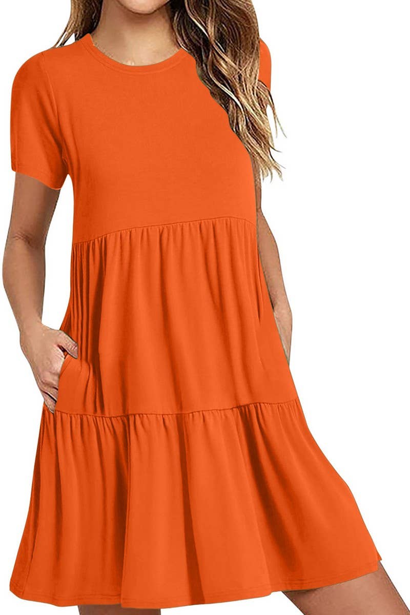 CWDSD8922_ROUND NECK SOLID COLOR CASUAL STITCHING DRESS