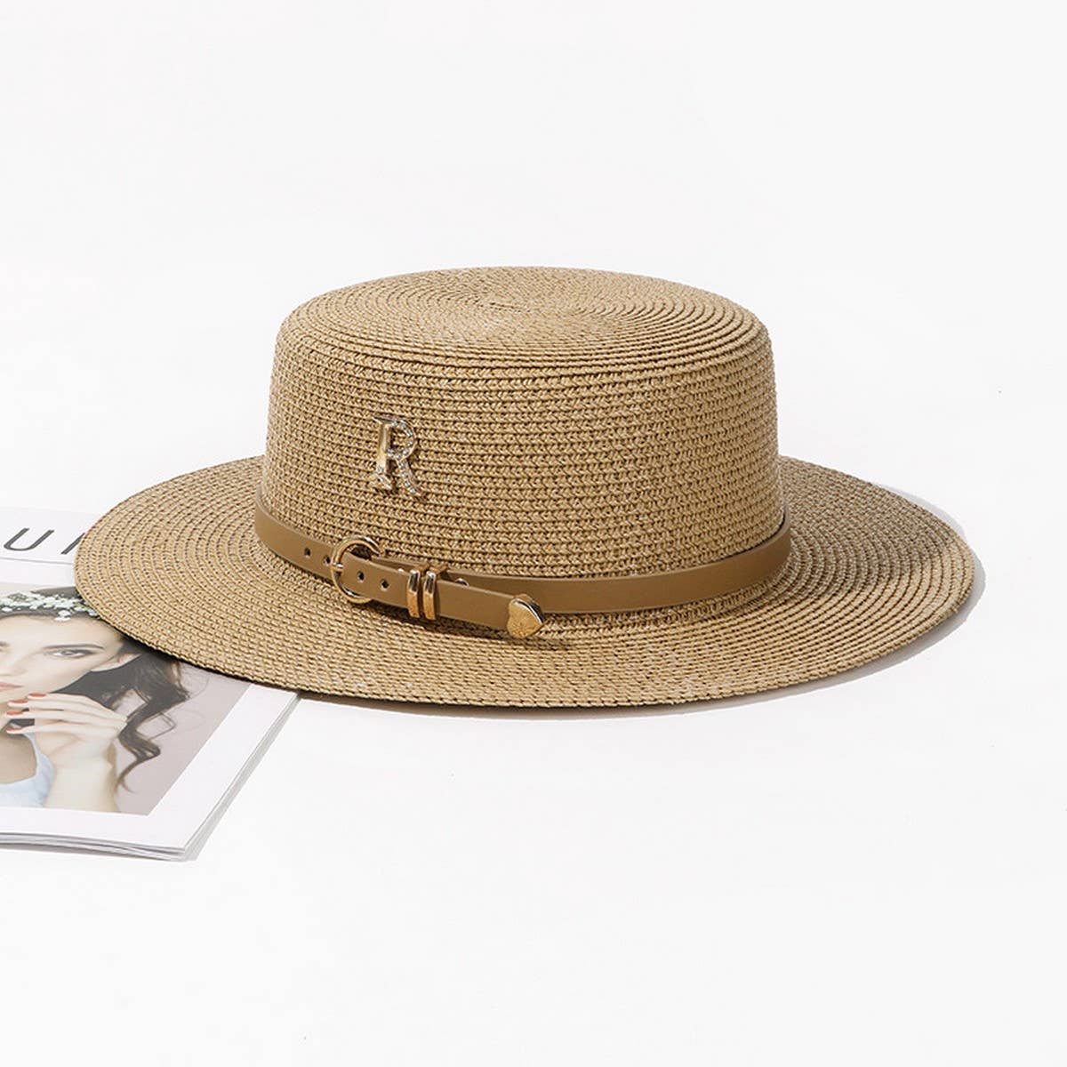 Fashionable rhinestone R letter straw hat_CWAH3484