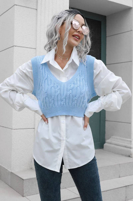CWOV0500_CABLE KNIT V-NECK CROPPED VEST SWEATER