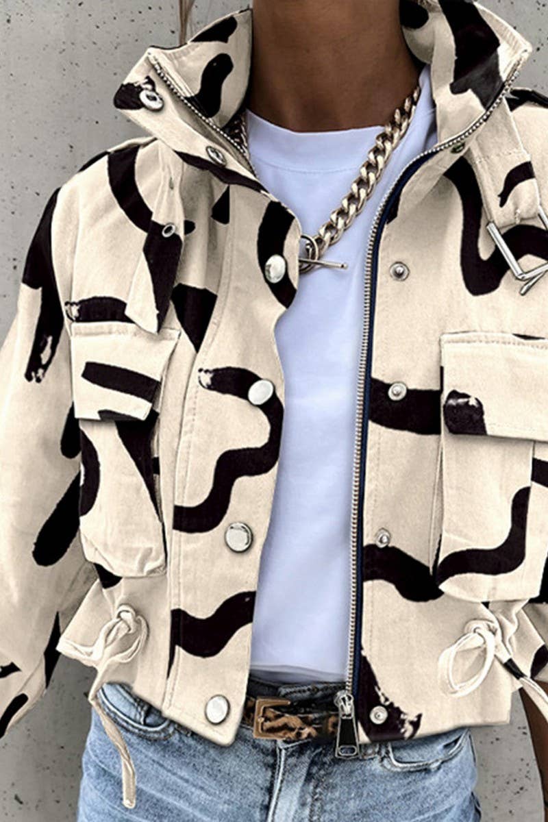 CWOCO1043_BUTTON ZIPPER POLO COLLAR PRINTED SHORT JACKET