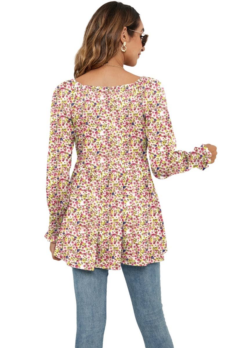 CWTBLL2935_FALL FLOWER BOUQUET WAIST PUFFY SLEEVE TOP
