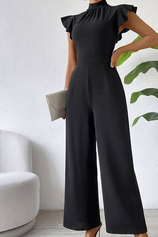 CWSBSSL0133_STAND COLLAR RUFFLE DRAPED SLEEVELESS JUMPSUIT