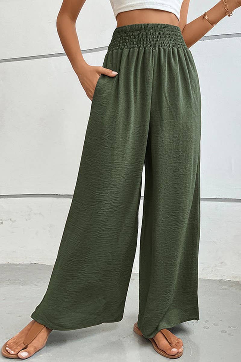 CWBLP00931_HIGH WAIST SOLID ELASTIC WIDE LEG CASUAL PANTS