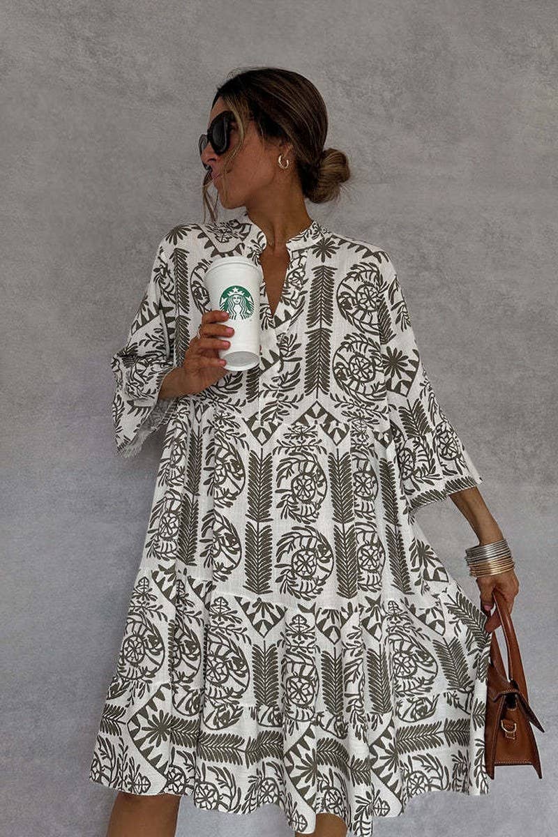 CWDMD5844_CASUAL PRINTED THREE-QUARTER SLEEVE SHIRT DRESS