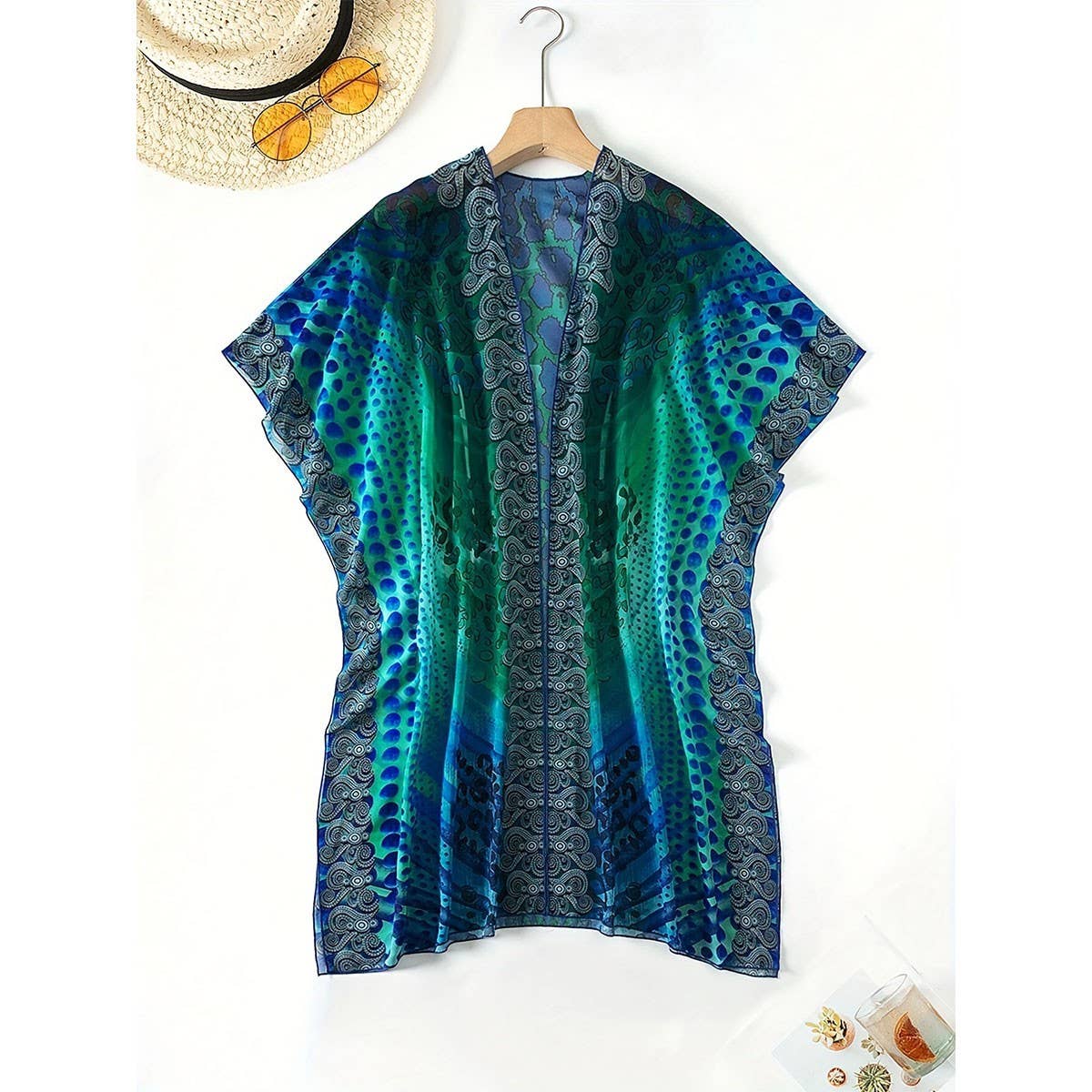 Boho Print Long Beach Cover-Up, Bikini Sun Shield_CWBLS0481