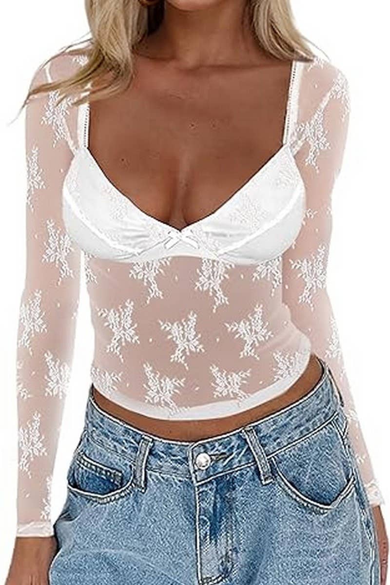 CWTBLL3950_SHEER LACE LONG SLEEVE SLIM FIT MESH TOP