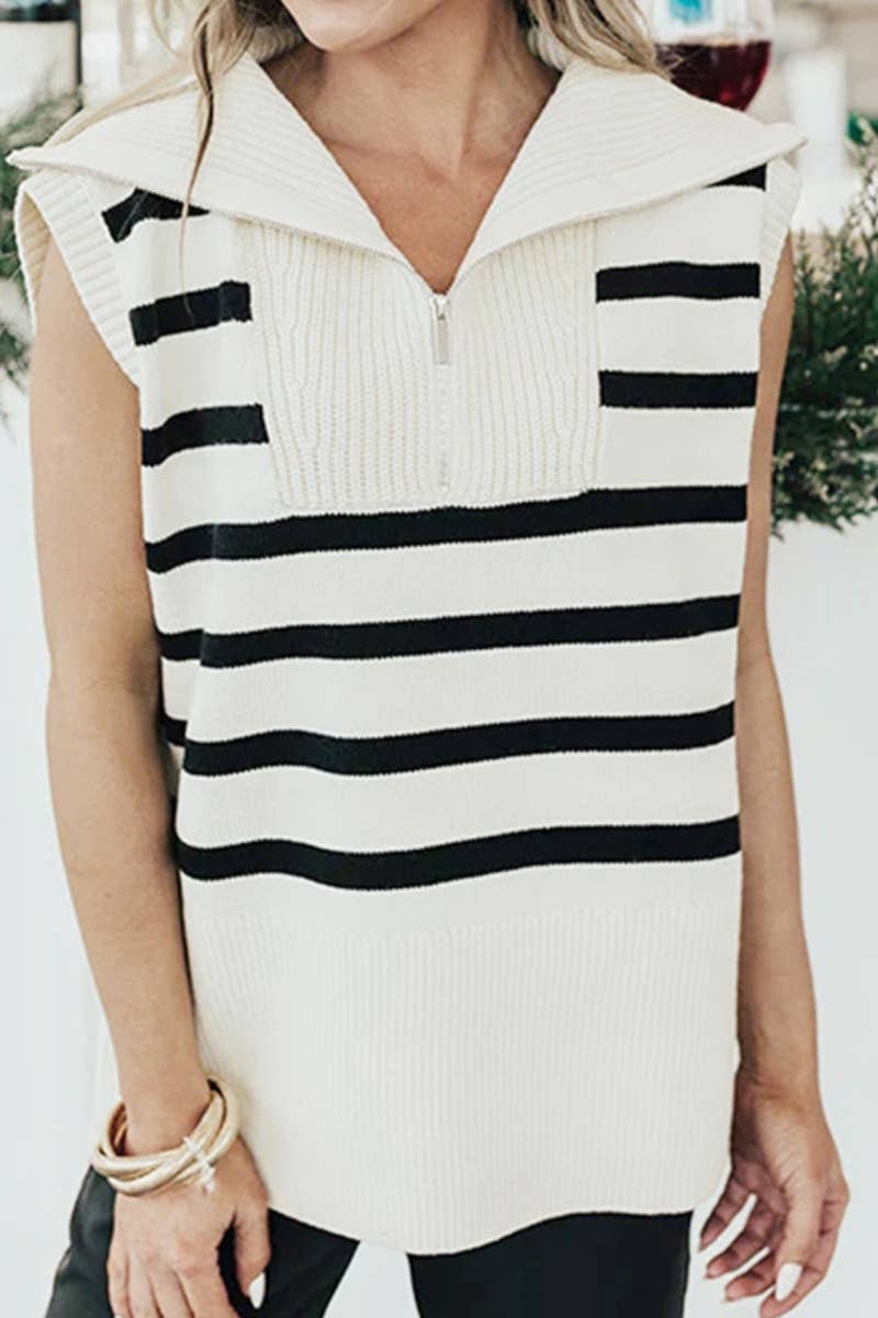 CWOSWSL0142_SLEEVELESS STRIPED SWEATER WITH ZIP-UP LAPEL
