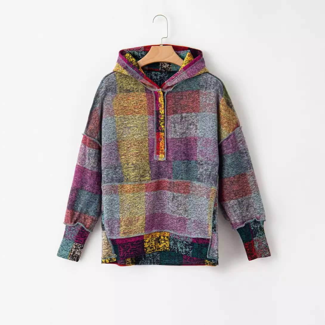 Fleece thermal hoodie plaid loose pullover hoodie