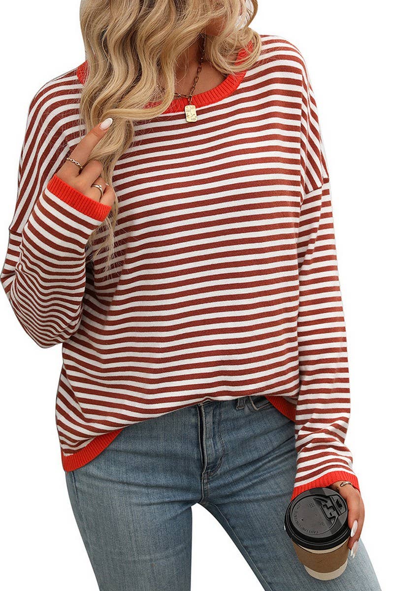 CWOSWL4272_ROUND NECK STRIPED CONTRAST COLOR CASUAL SWEATER