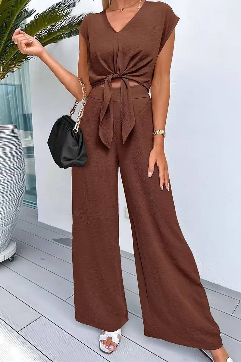 CWSS1217_V-NECK TIE CROP TOP HIGH WAIST SLIM WIDE LEG PANTS