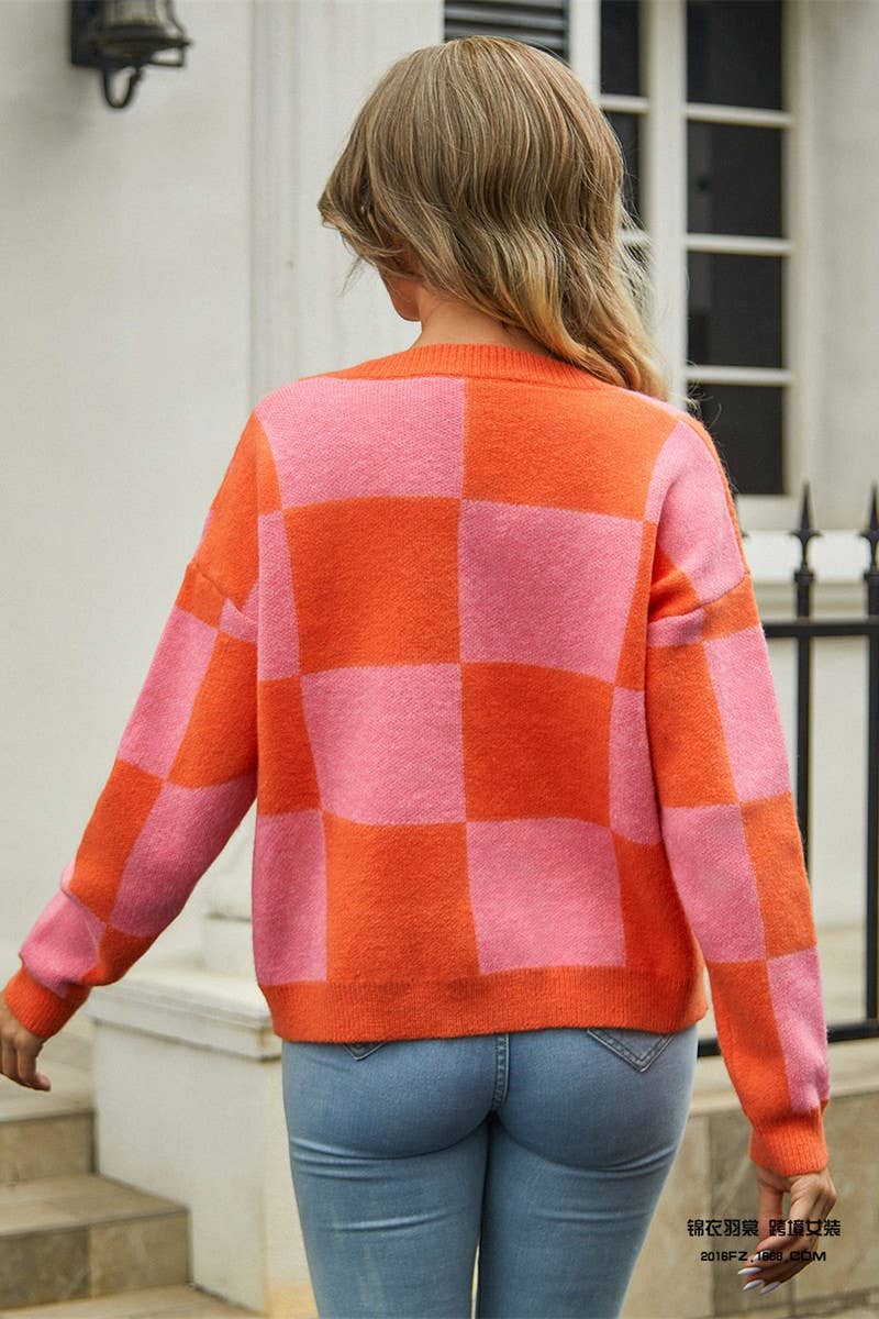 CWOCAL0925_PLAID PATCHWORK V-NECK SWEATER KNITTED JACKET