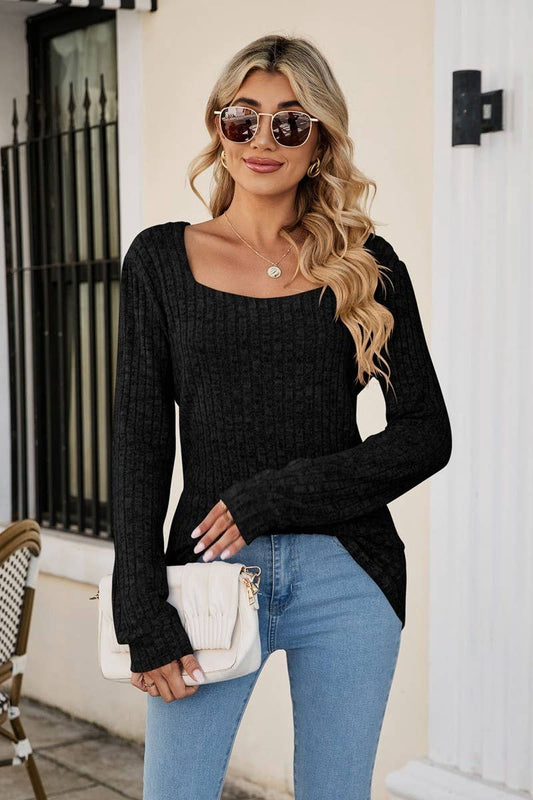 CWTBLL3197_SQUARE NECK RIBBED BRUSHED CASUAL LONG SLEEVE TOP