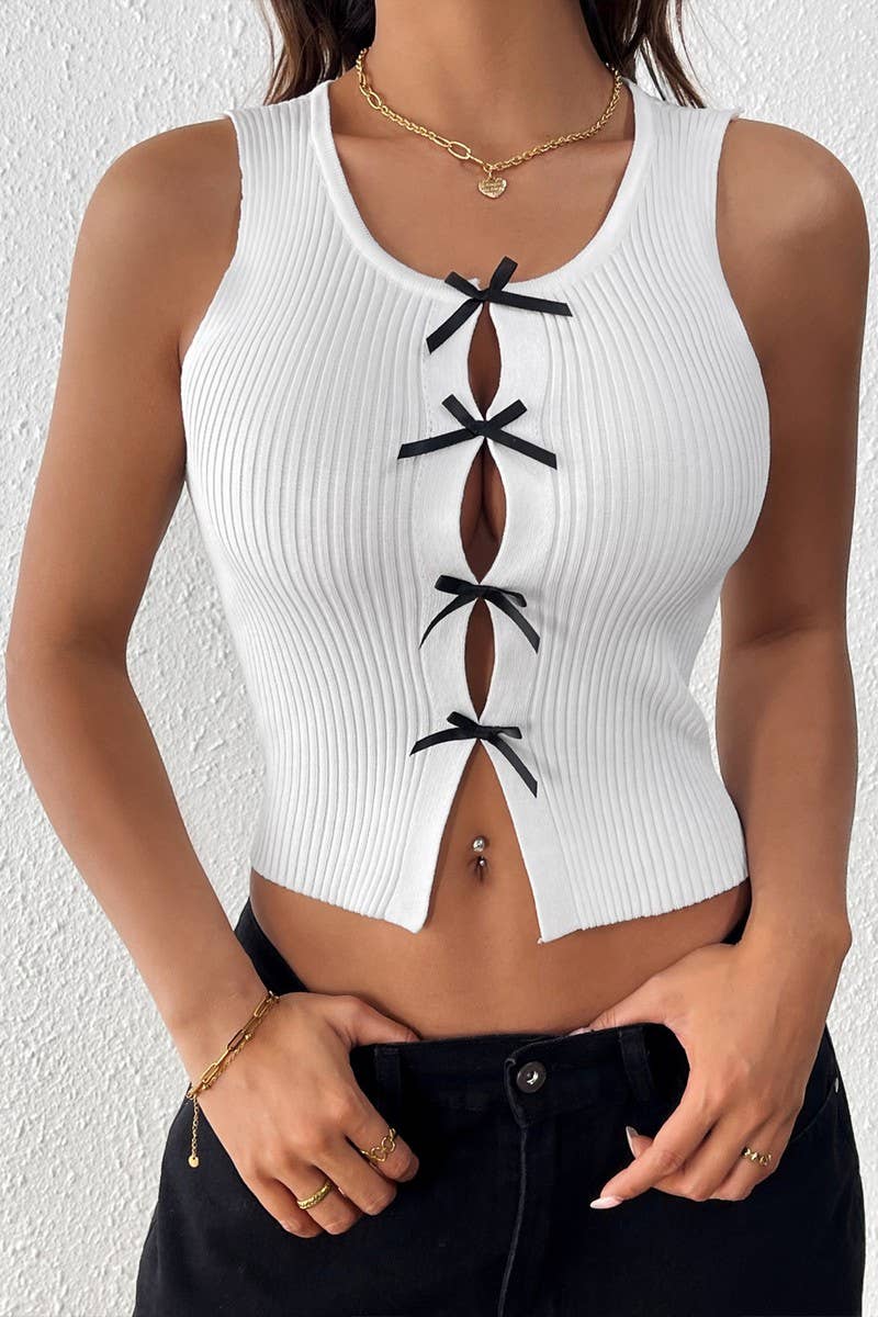 CWTBLSL0613_SOLID COLOR BOWKNOT PATCHWORK HOLLOW SLIM VEST