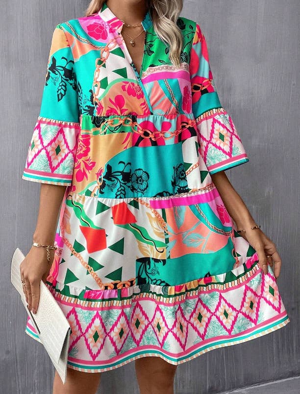 Abstract printed flared sleeve ruffled dress
