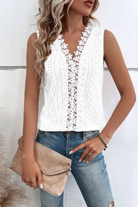 CWTBLSL0709_SUMMER NEW V-NECK SPLICING HOLLOW LACE VEST