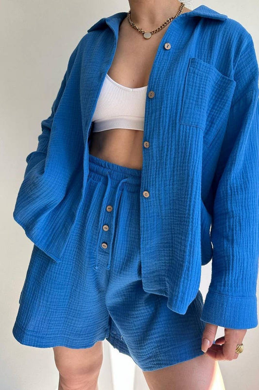 CWSTB1358_LAPEL SHIRT DRAWSTRING SHORTS TWO-PIECE SET