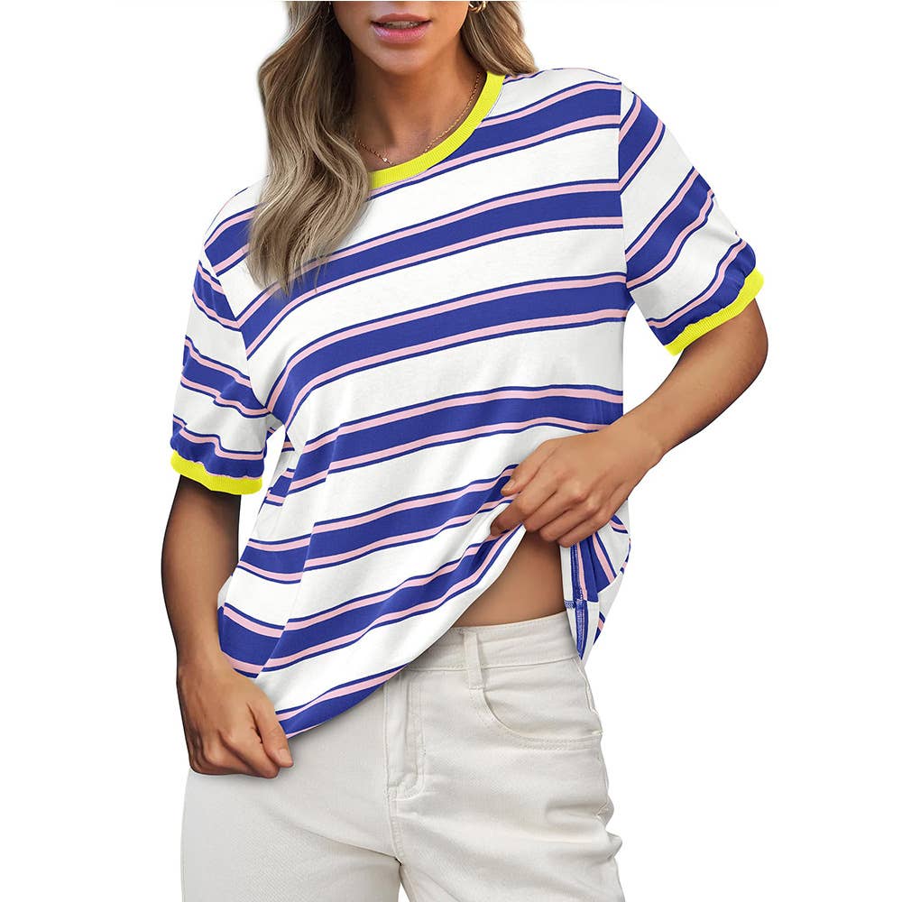 Crew-neck baggy top striped short-sleeved Top