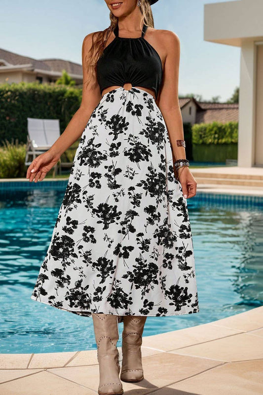 CWDHL0635_HIGH WAIST PRINTED PANEL HALTER NECK DRESS