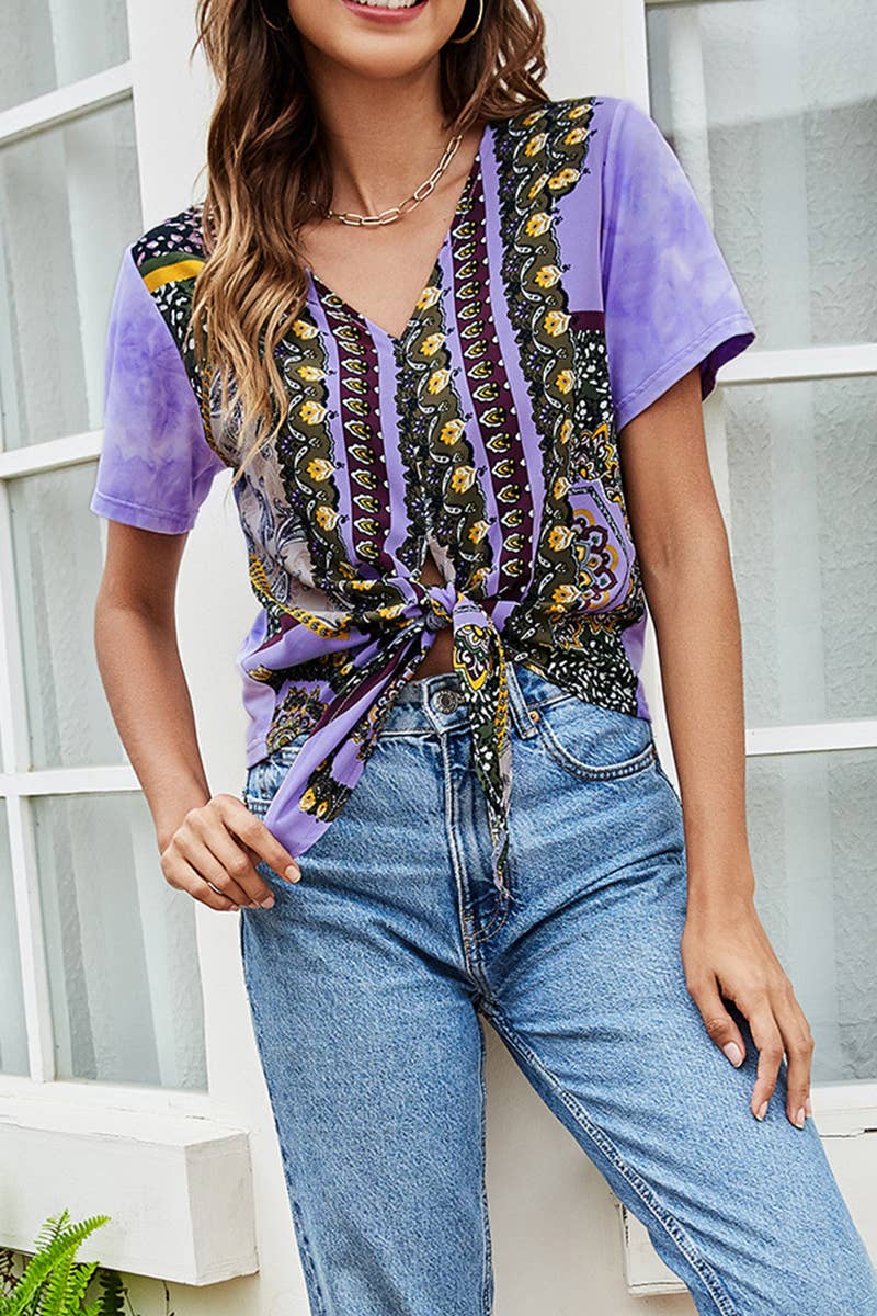 CWTTS1423_SUMMER V-NECK FASHIONABLE TIE-DYE PRINTED T-SHIRT