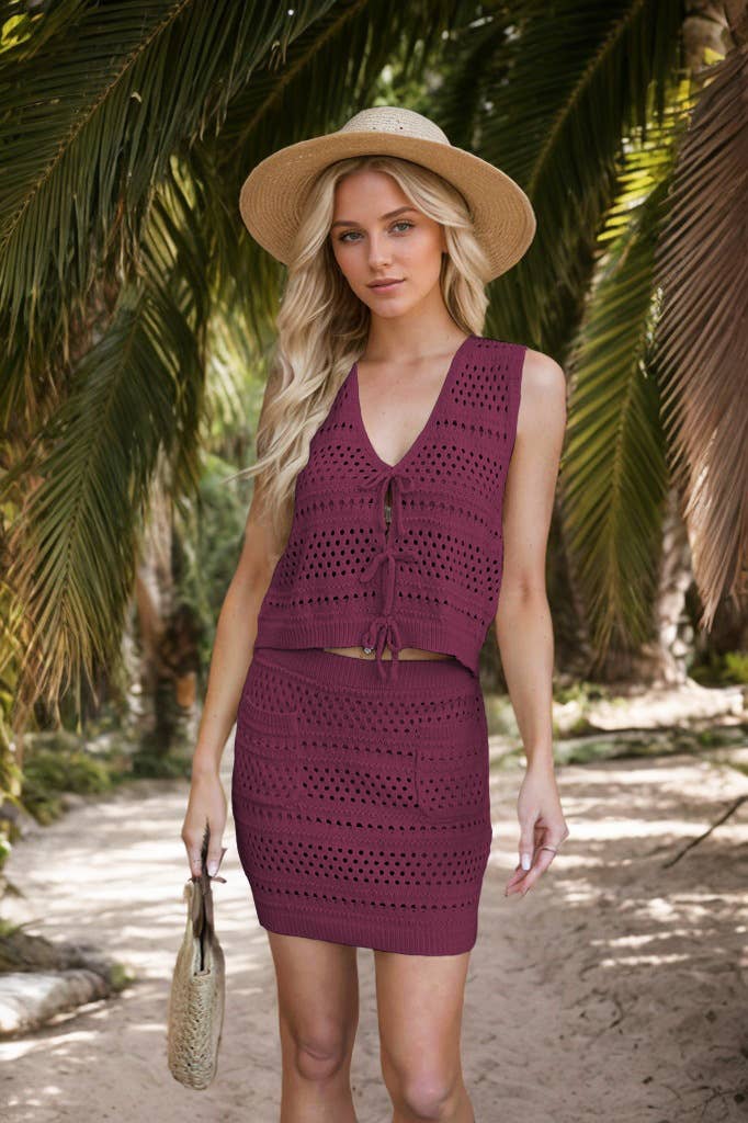 Beach V-neck casual loose vest knit two-piece set