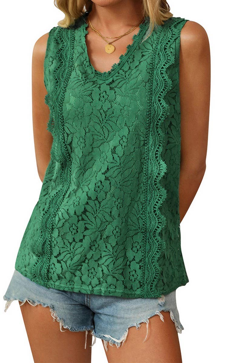 CWTBLSL0672_V-NECK LACE SLEEVELESS VEST TOP
