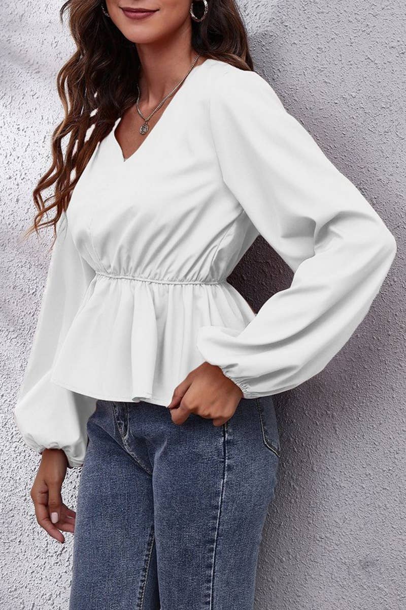 CWTBLL3760_V-NECK SOLID COLOR LANTERN SLEEVE CHIFFON SHIRT