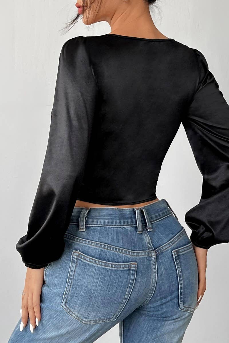 CWTBLL3647_MESH STITCHING LACE HERRINGBONE LONG-SLEEVED TOP